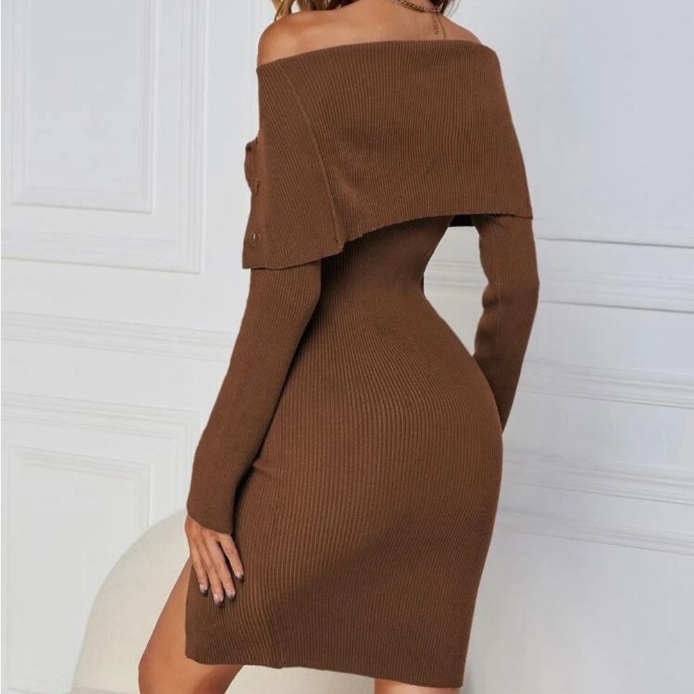 Brown Off Shoulder Button Through Split Hem Knit … - image 2
